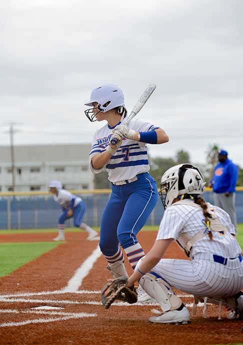 Galveston College softball player stands at bat ready to swing