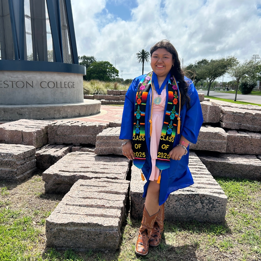 Galveston College Dual Credit student Isabella Gomez stands in front of the college’s Lighthouse at Beacon Square, located at the GC main campus in Galveston. Gomez is the first Odyssey Academy student to graduate with an associate degree through the GC Dual Credit program.