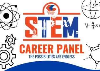 Science graphics, like molecules and gears surround STEM Career Panel.