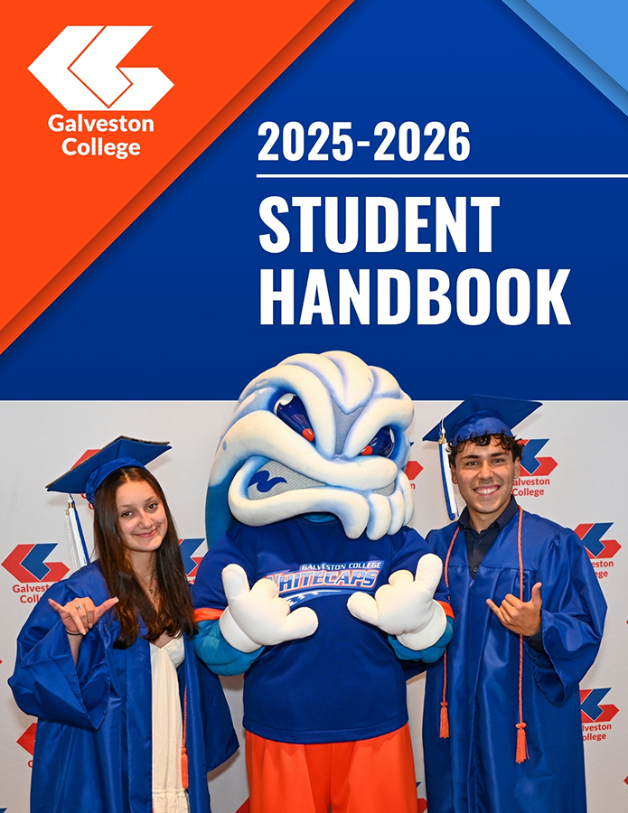 2024-2025 GC Student Handbook, male and female grads smile with the GC Mascot, Rip Tide